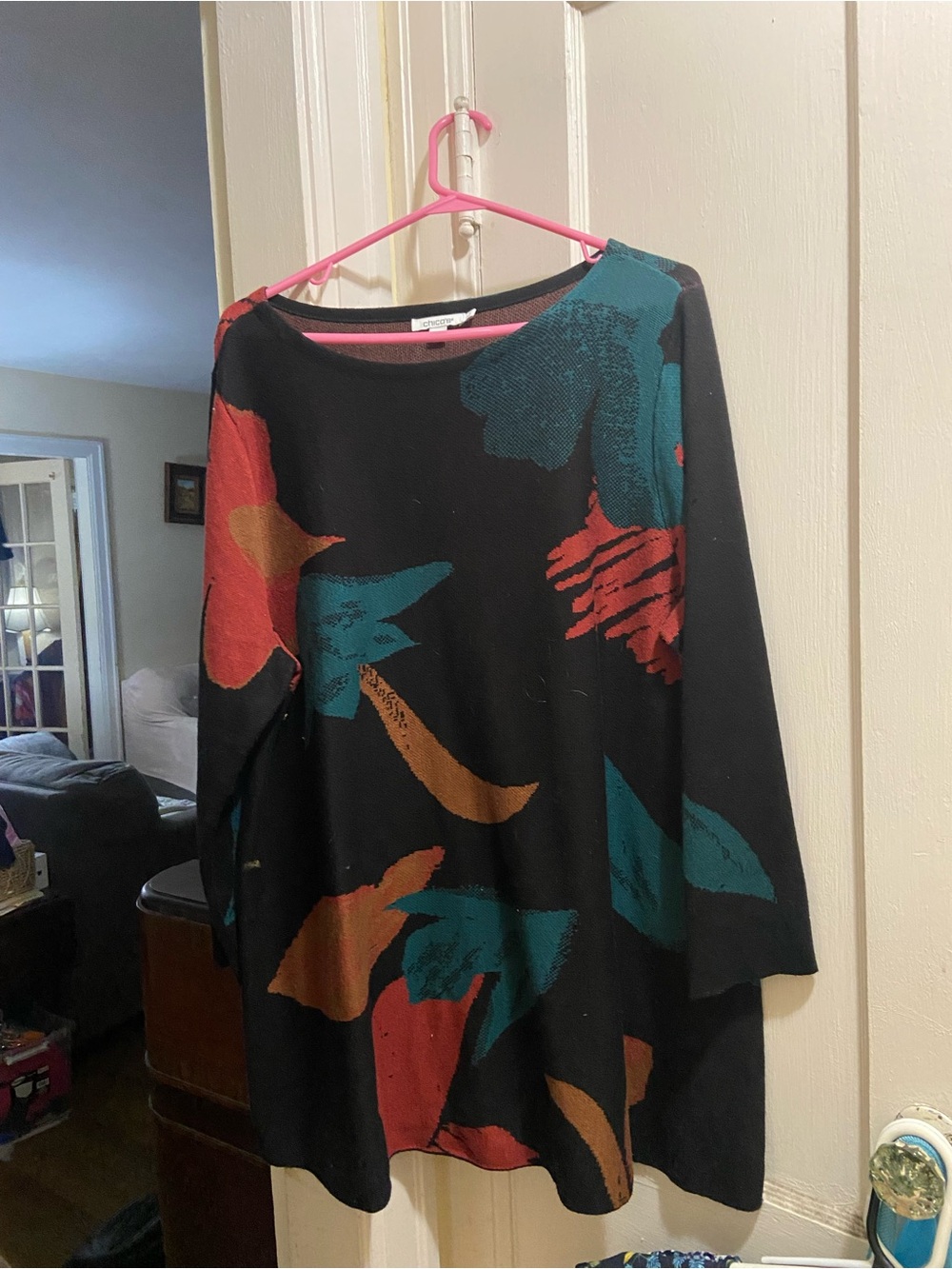 Chico's Black Floral-Print Long Sleeve Tunic with Teal & Rust Accents